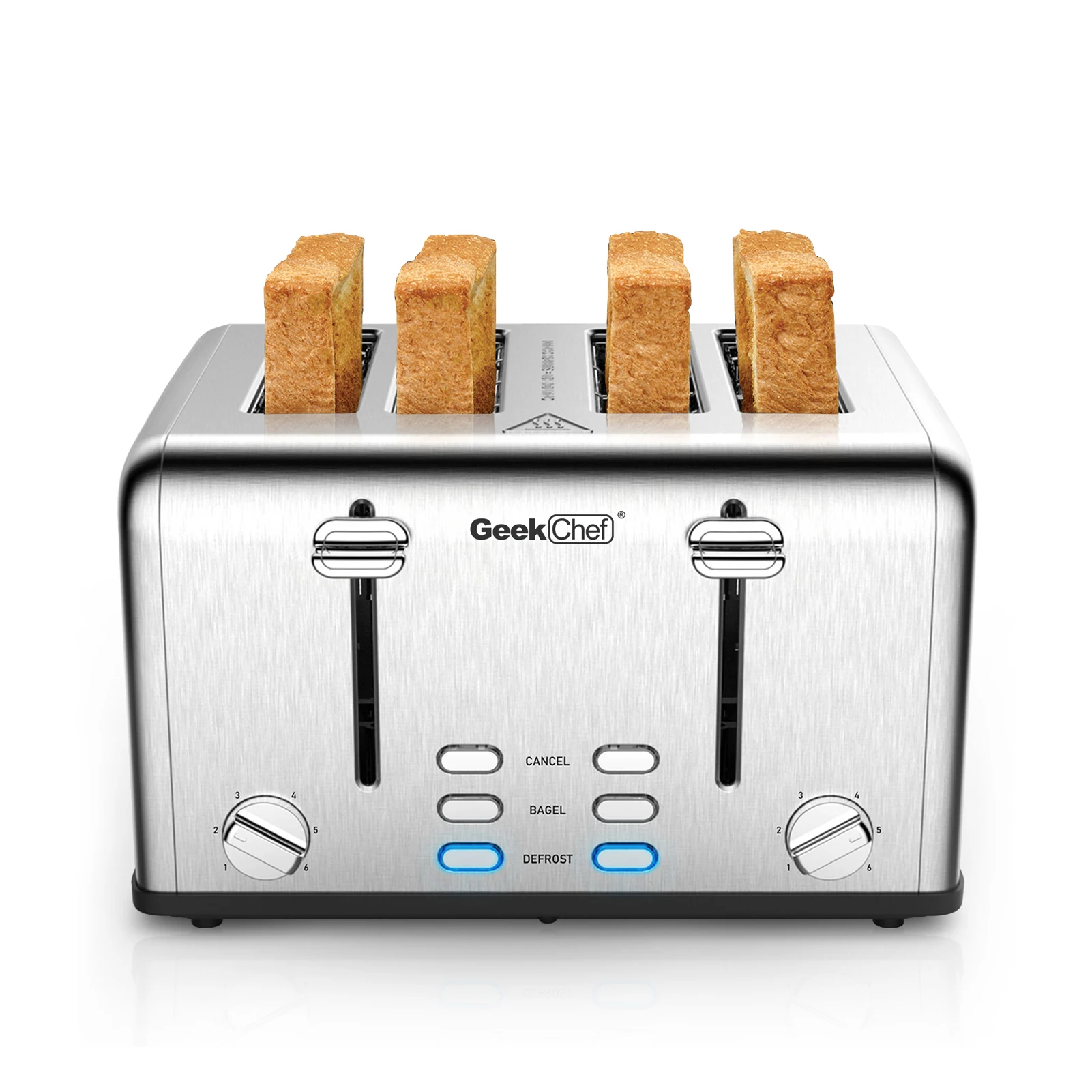 Toaster 4 Slice, Geek Chef Stainless Steel Extra-Wide Slot Toaster with Dual Control Panels of Bagel/Defrost/Cancel Function, 6 geek chef gts4b 1 toaster 4 slice 1650w stainless steel toaster 1 5 inch extra wide slots dual control panels auto pop up 6 toasting bread shade settings