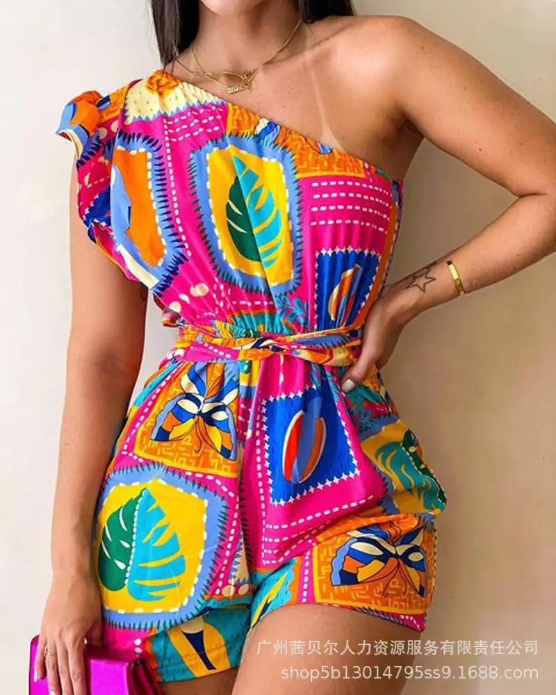 

2023 Women Summer Spring New Tube Top Printed Jumpsuit Playsuits Shorts Pants High Waist Sleeveless Floral
