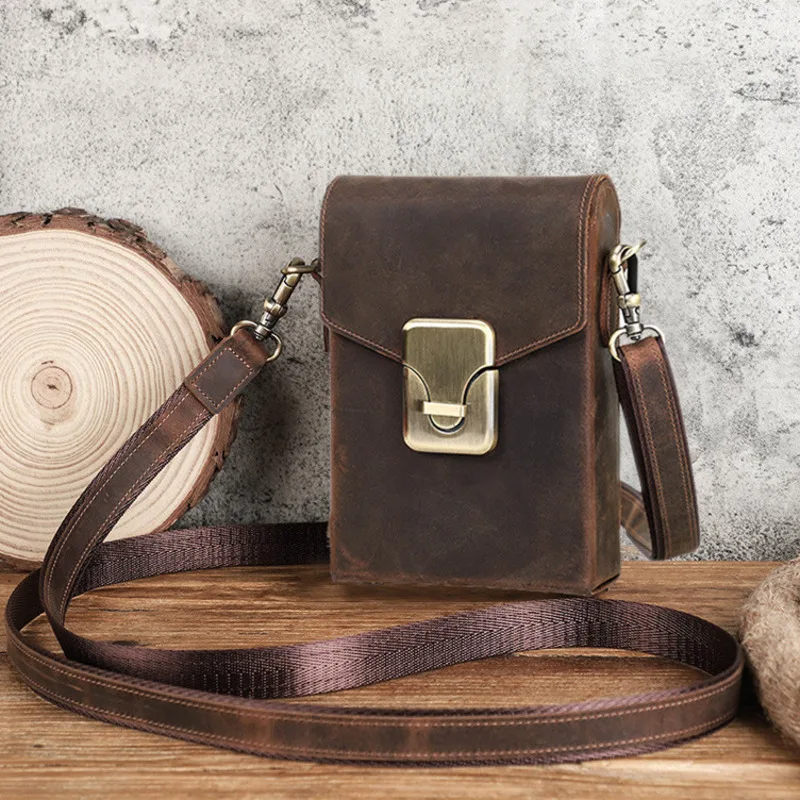 British Style Crazy Horse Genuine Leather Handbags Fashion Trend Lock Single Shoulder Slant Cross Casual Men's Phone Bag Female