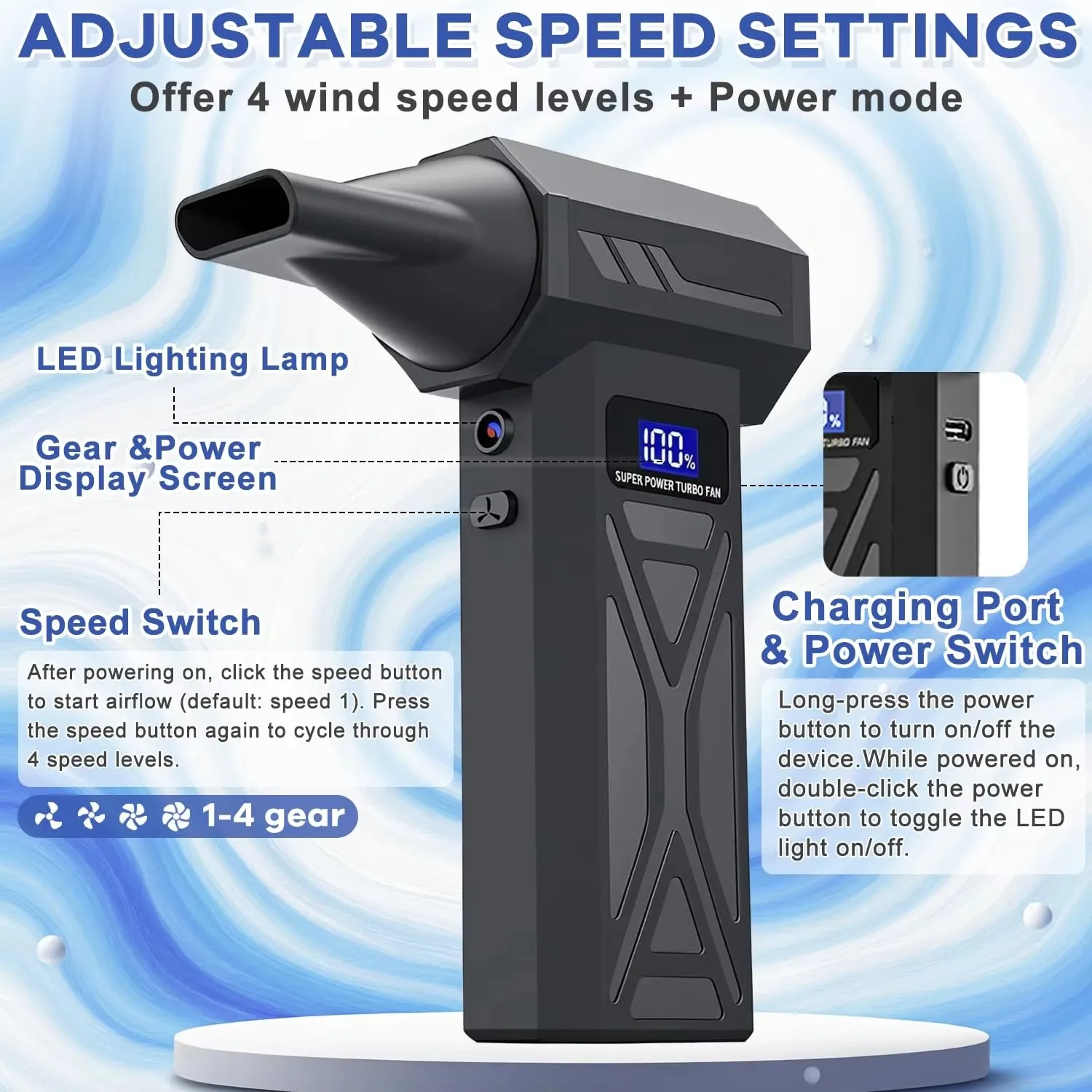 터보 제트 팬 무선 압축 공기 먼지 제거기 타입-C 충전식 휴대용 에어 블로워 (자동차, PC 키보드 및 가정 청소용)