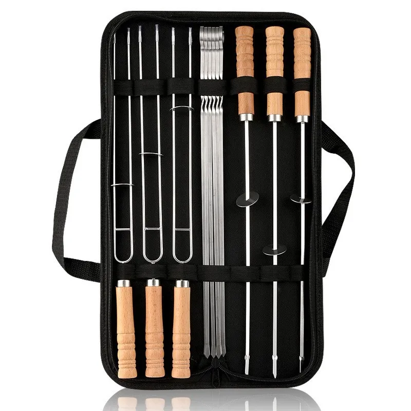 Paslanmaz Çelik Barbekü Şiş Seti Ahşap Saplı ve Saklama Çantalı Açık Hava Barbekü Aletleri Yeniden Kullanılabilir Barbekü Izgara Aksesuarları