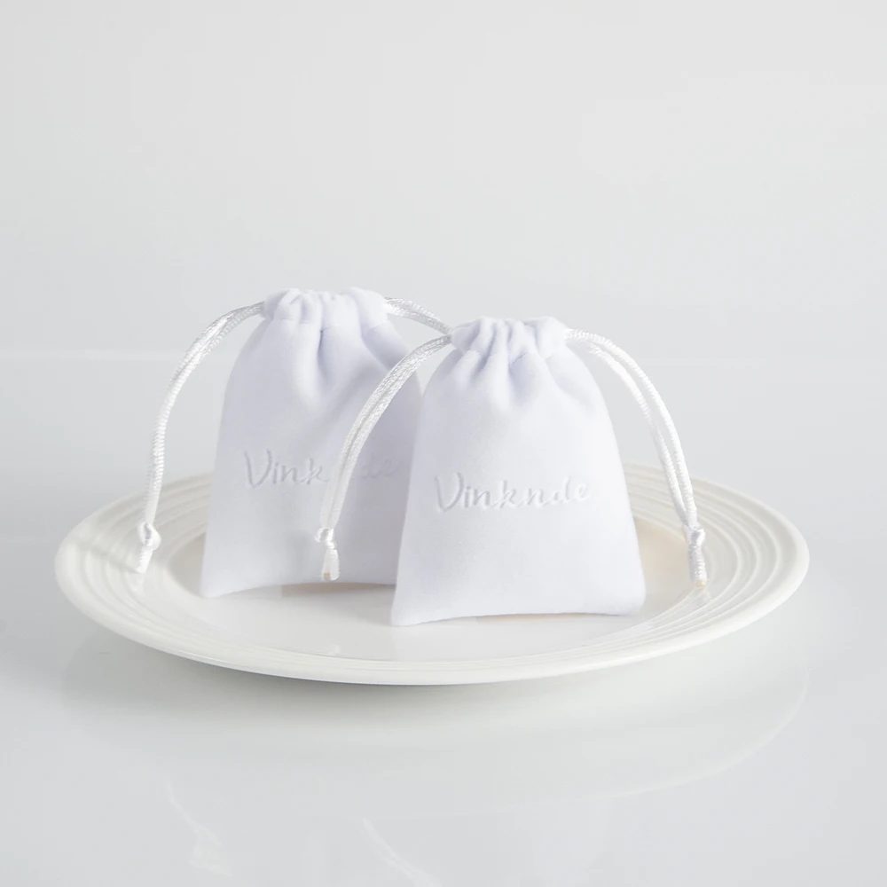 50 White Drawstring Bags Velvet Jewelry Ring Necklace Earrings Packaging Organizer Pouches Custom Logo Debossed Wedding Gift Bag