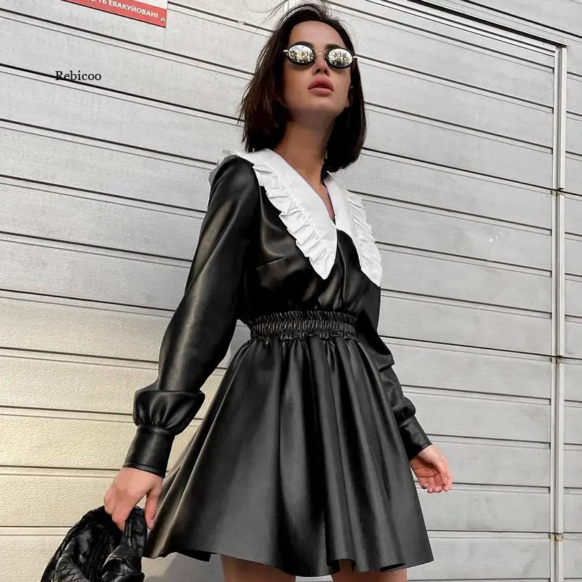 

Punk Style Autumn Winter New PU Leather Dress for Women Doll Collar High Waist Slim Dress Long Sleeve Black Women Streetwear