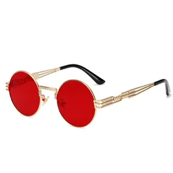 Gothic Steampunk Vintage Round Sunglasses - Metal Frame Shades, Unique Retro Punk Style, UV400 Protection (C17 Gold Red)