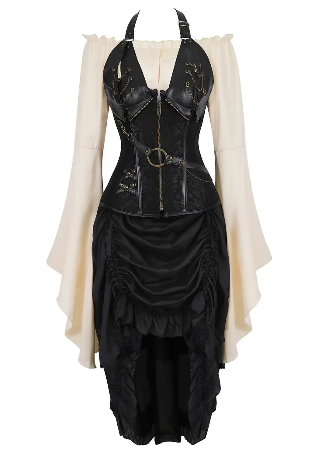 Corset Bustiers Halter with Pirate Skirt and Blouse Faux Leather Halterneck Korsage Sexy 3 Piece