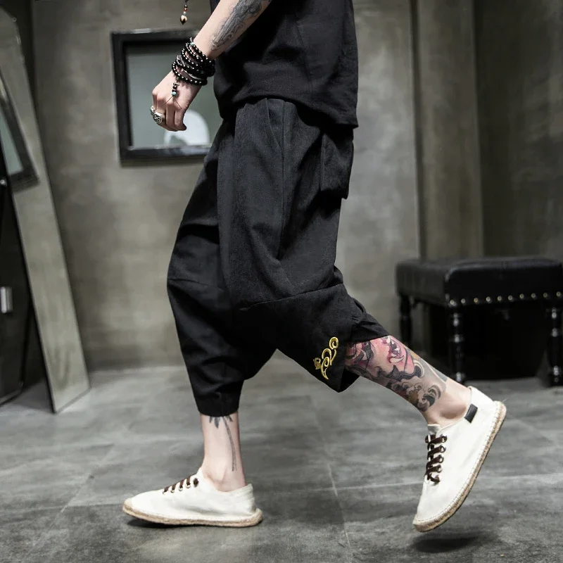 

2023 Summer harajuku harem pants men calf-length wide leg trousers streetwear casual sweatpants vintage cotton men's pants