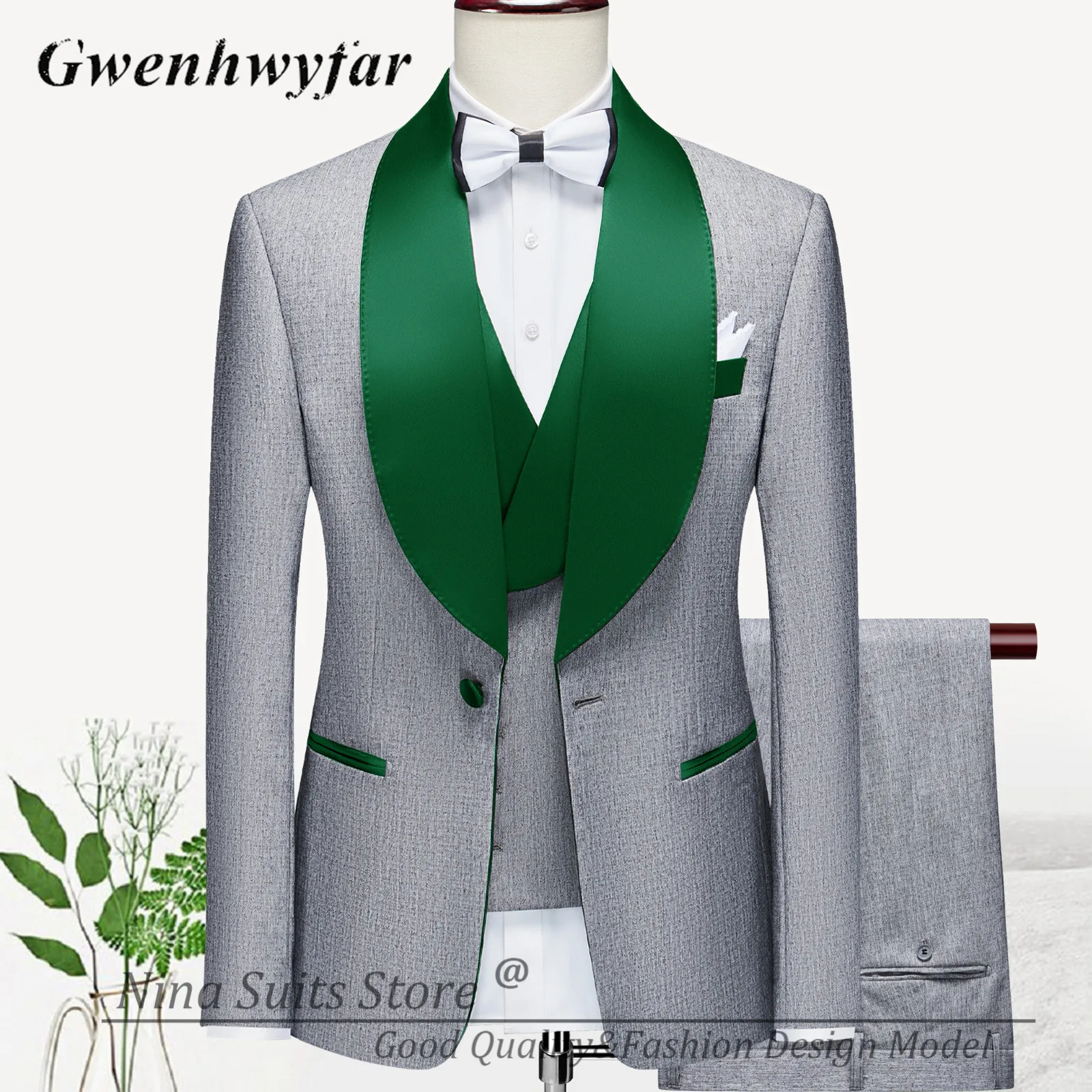 G&N Thick Wedding Groom Suits Grey Green Lapel Blazer Vest Pants New Business Man Party Prom Suits Host Singer Show Tuxedos
