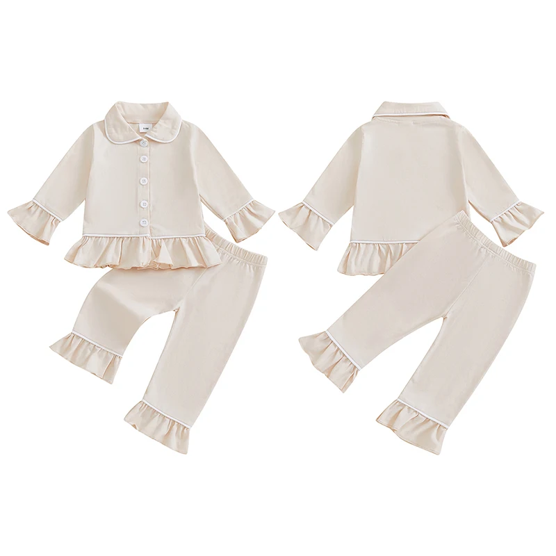 Pudcoco Kleinkind Kinder Baby Mädchen 2PCS Pyjama Sets Langarm Revers Rüschen Trim Button Up Hemd Hosen Nachtwäsche 0-6Y – Detail 8