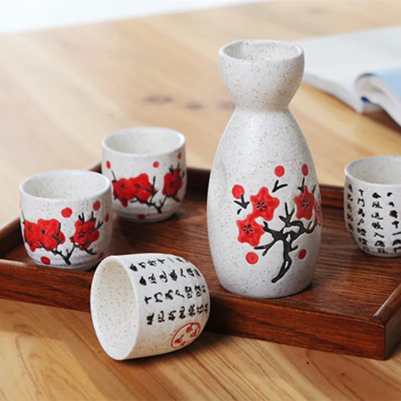 Vintage Ceramic Sake Pot Cups Set Characters PJapanese Cuisine Sake Bottle Spirit Pot Set with Cups Ceramic Sake Set