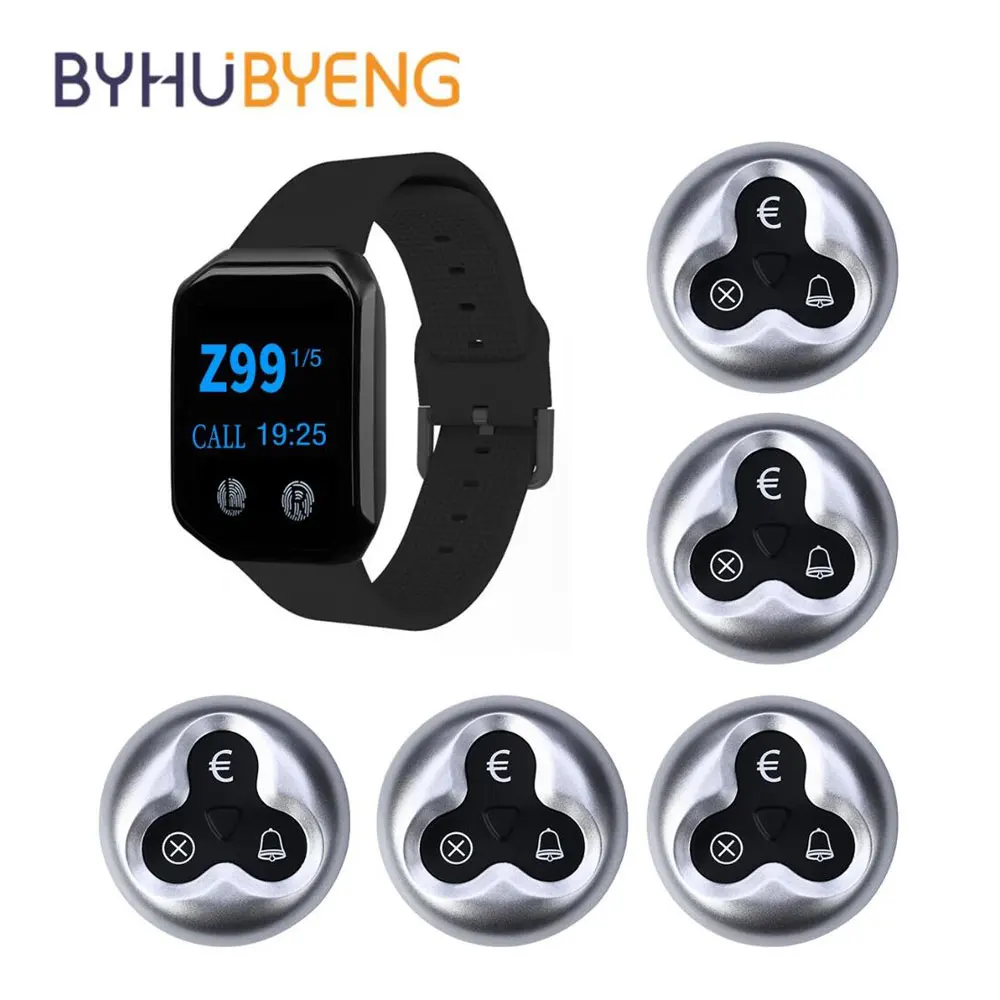 

BYHUBYENG Wireless Call System 1 Charge Watch Receive Pager 5 Call Button Wrist Restaurant Waiter Vibrating Table Shop Service