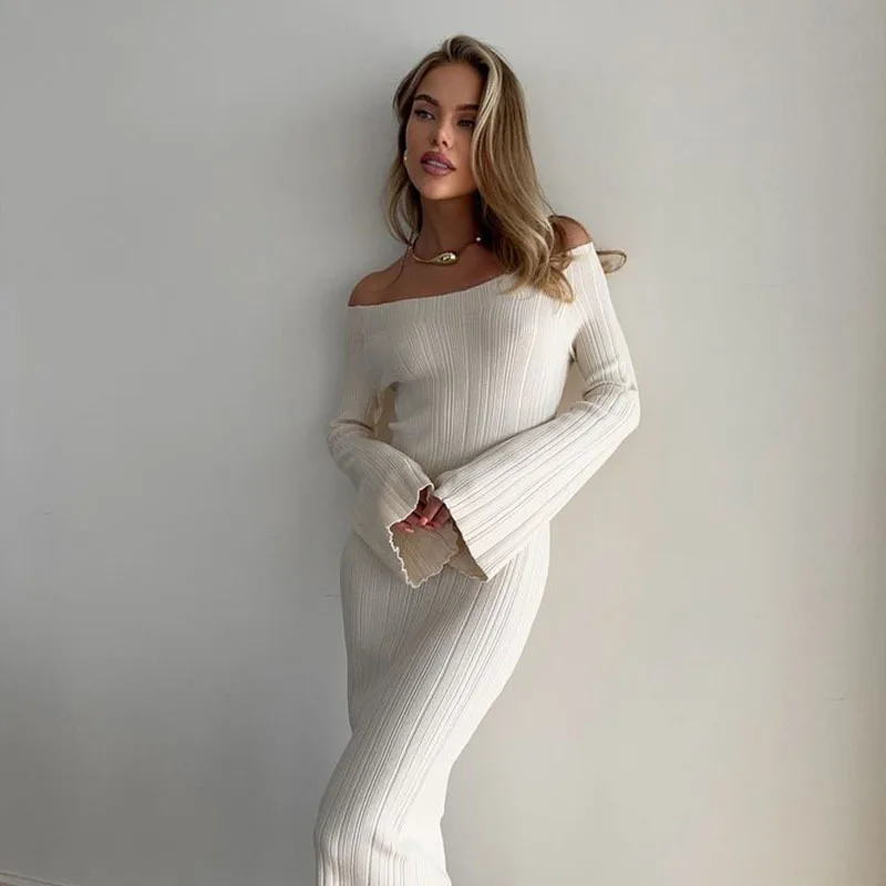 Ribbed Off-Shoulder Knit Long Dress For Women Slim Elegant Long Sleeve High Waist Backless Dress Knitwear Loose Maxi Dress