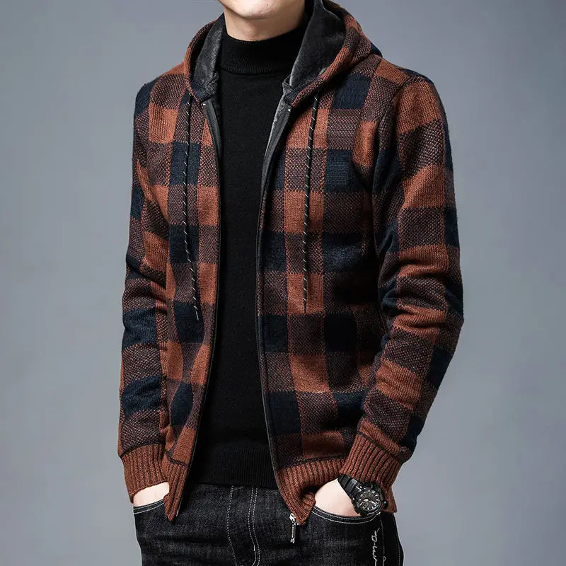2023 Autumn Winter New Plaid Printing Fashion Hooded Long Sleeve Sweater Cardigan Man Casual Loose Zipper All-match Y2K Coat