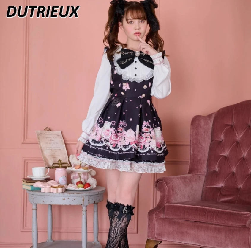 Dress Two Piece Set Liz Dress Mine Sweet Printed High Waist Long Sleeve Suit Navy Neck Dresses and Bottom Skirt