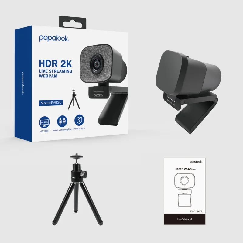 2K HDR 1080P Webcam PAPALOOK PA930 60FPS Streamcam PC Streaming Live USB Web Camera with Dual Stereo Mic for OBS SKYPE ZOOM