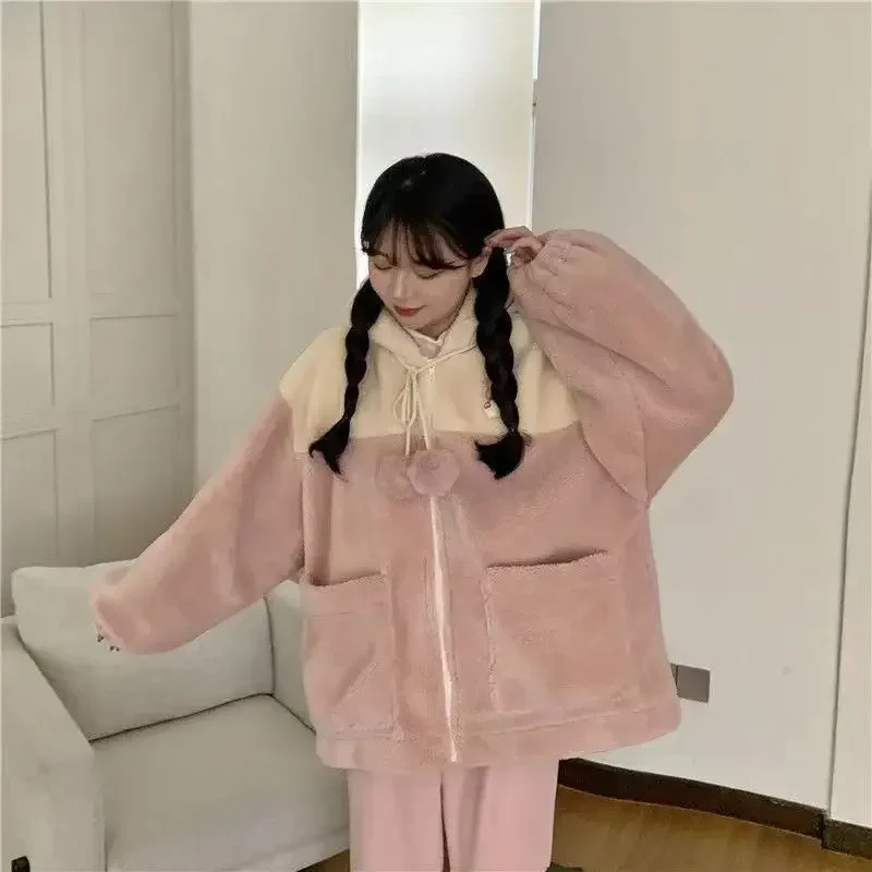 Hooded Zipper Women Thick Lamb Wool Coat Fashion Casual Student Cute Embroidery Clothes Korean Version Women's Winter Jacket