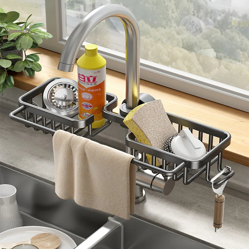 Bathroom Faucet Shelf Aluminum Alloy Kitchen Sink Sponge Drain Rack Bathroom Shower Storage Rack Sundries Organizer Holder