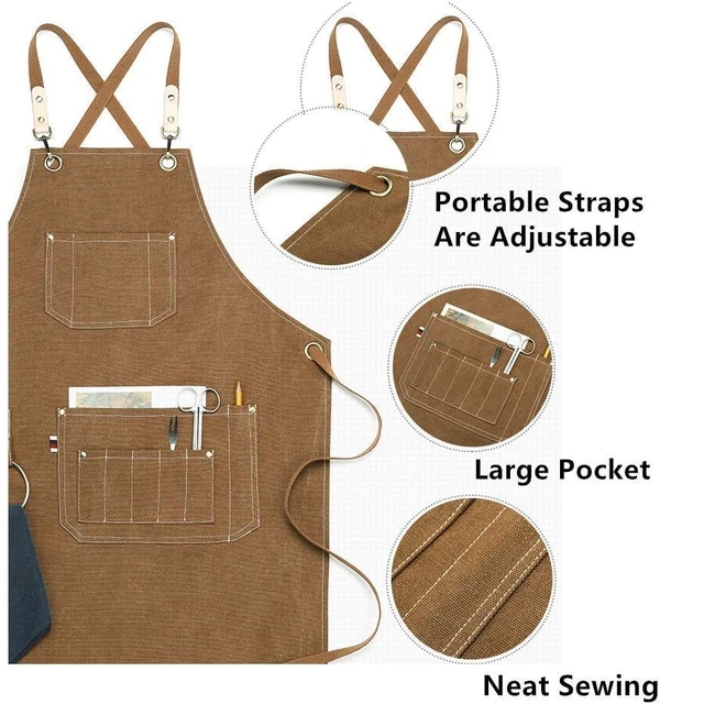 Artist Apron for Painting - Universal Work Apron with Leather Back Straps  Cross Back Design with Pockets Apron for Gardening, Art, Kitchen, for Men