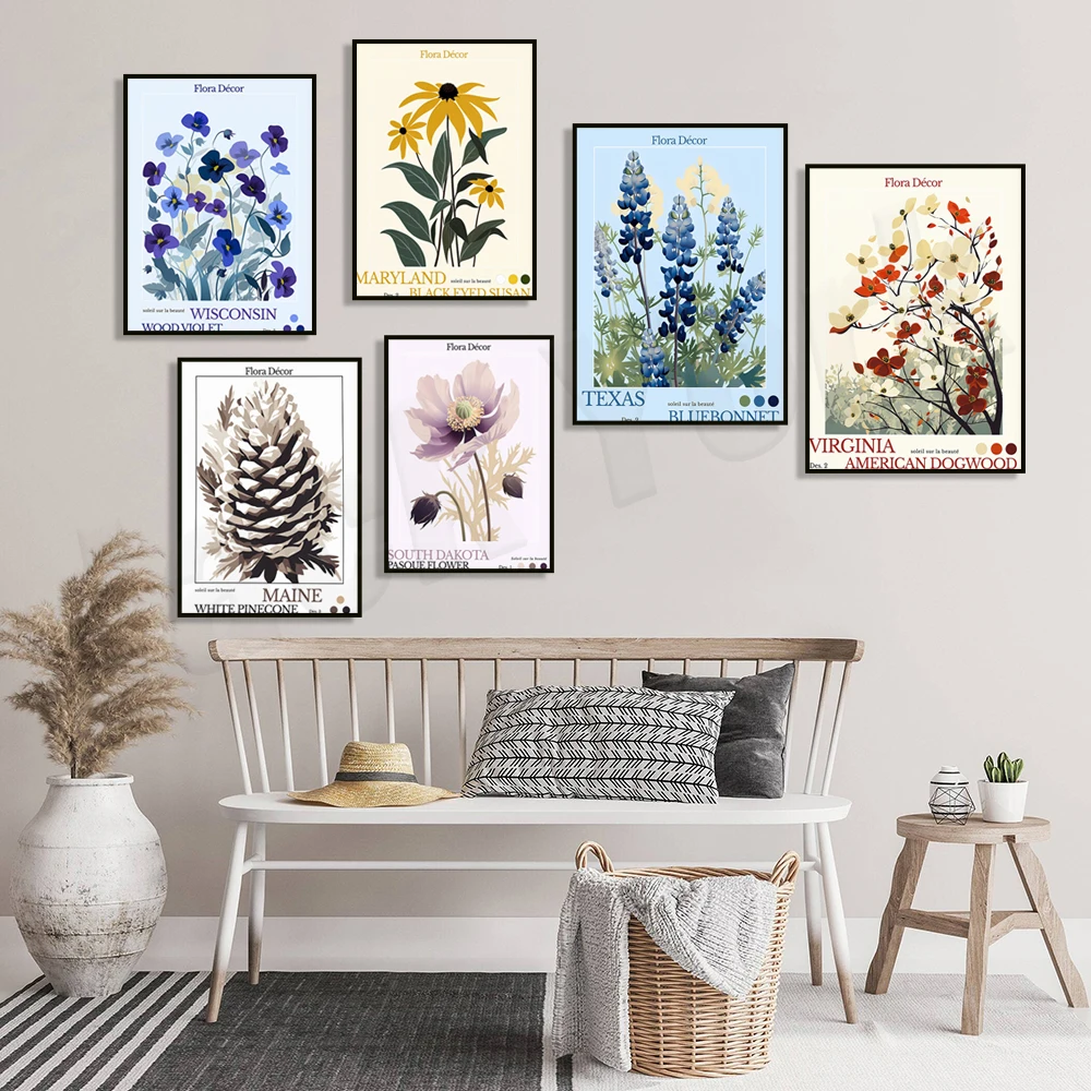 Sud Dakota, Rhode Island, Nevada, Nevada, Maine, North Carolina, Camerun, Texas Flower Market Poster, Arte Botanica