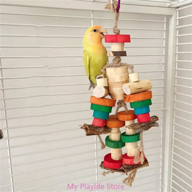 

Bird Toy Birdcage Hanging Biting Toy Wooden Block Cage Rope Chewing Toy Climbing Swing Toy for Lovebirds Cockatoos