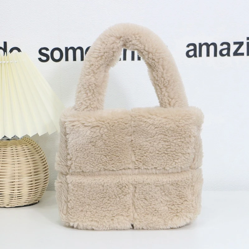 Fur Bag Elegant Ladies Luxury Woolen Fur Large Capacity Small Square Bag With Sewing Design Solid Color Plush Handbag