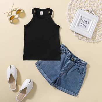 Girls Summer Outfits Set with Sleeveless Tank Tops and Stretch Denim Shorts in Solid Colors for a Casual Look 4