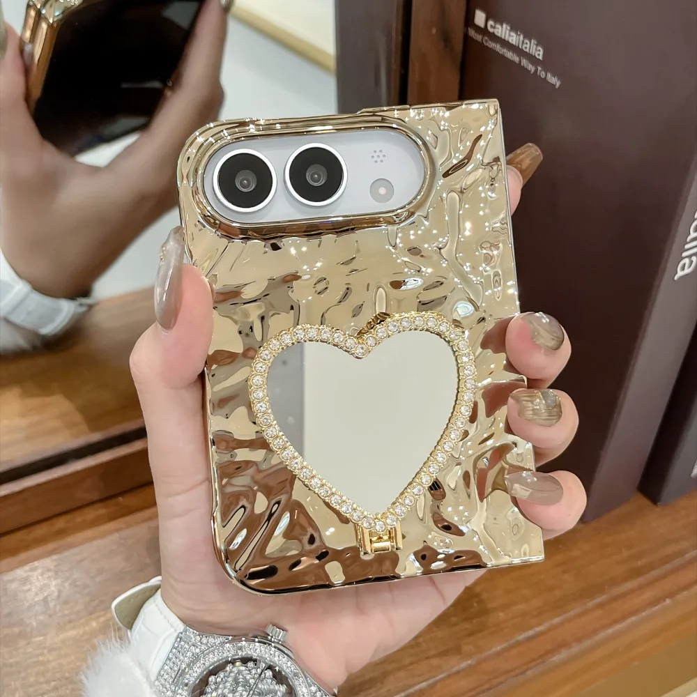 Elegant Heart Mirror Diamond Stand Case with Lanyard - Shockproof and Durable Cover