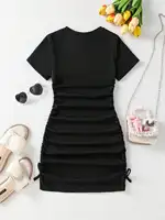 Robe longue décontractée pour filles, printemps-été 2026, à nœud froissé, couleur unie, manches courtes, col rond, idéale pour le quotidien et les voyages 3