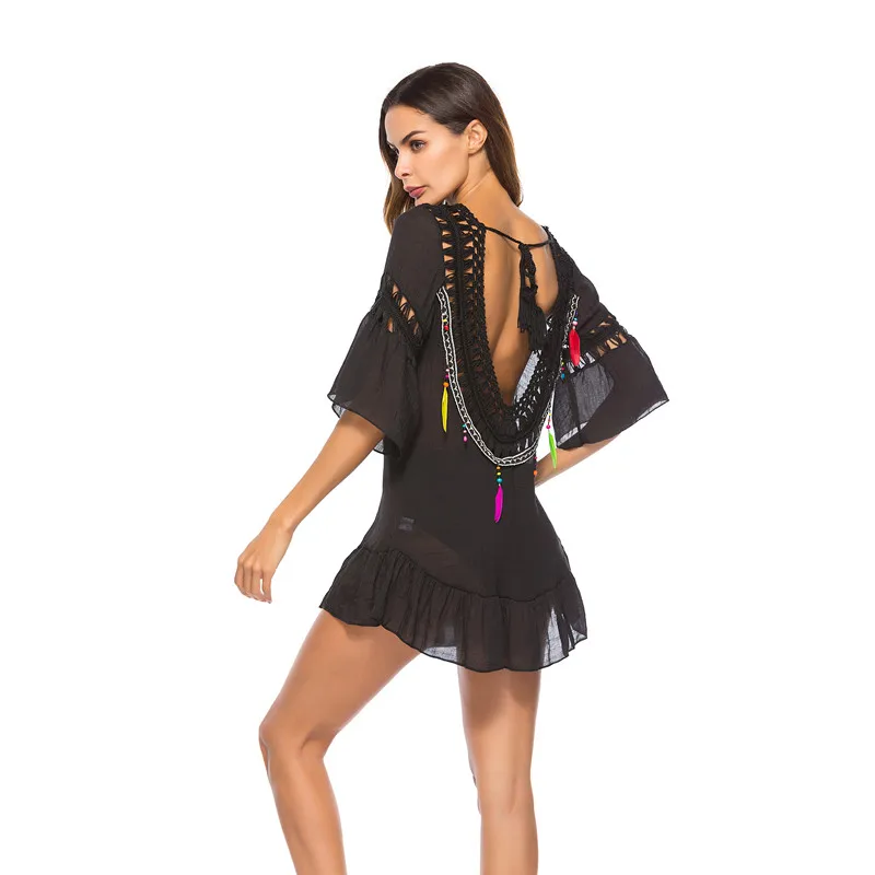 Open-back Cutout Ball Fringed Beach Blouse Sweet Holiday