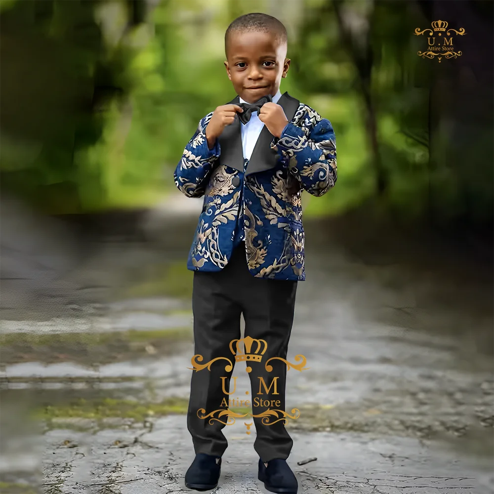 Kids tuxedo 3-piece jacket vest pants royal blue jacquard shawl lapel blazer boys suit wedding dance birthday party