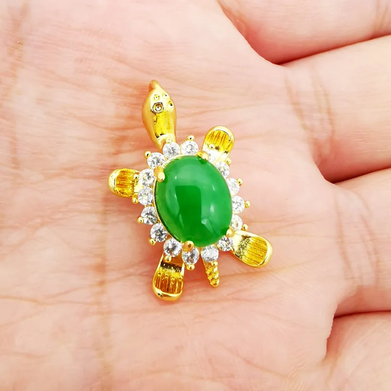 

Charm 15x25MM Green Jades Oval Bead Inlaid Rhinestone Turtle Pendant Chain 1PCS