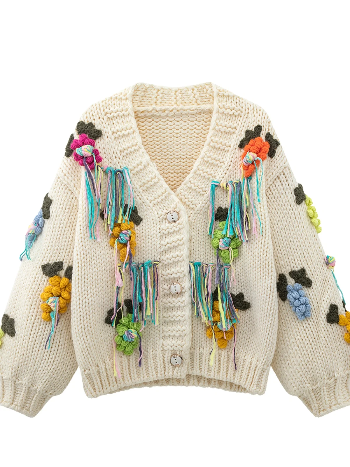 

Relaxed sense of high quality new niche designer brand lazy style retro sweater cardigan three-dimensional flower fringe loose