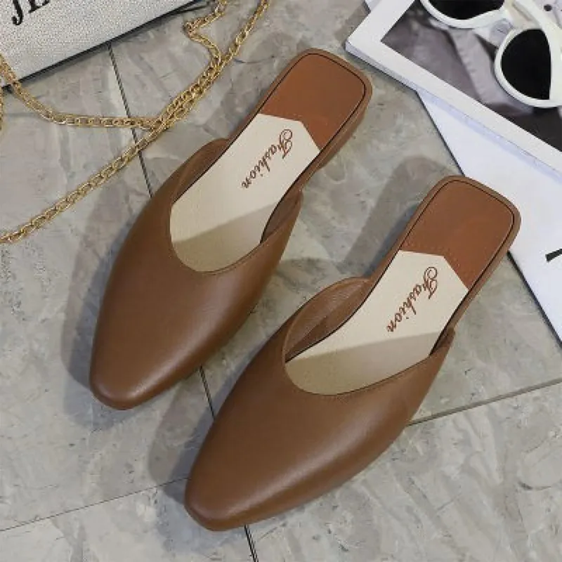 Elegant Women's Outdoor Flat Low-heeled Slip-on Lazy Sandals Semi-slip-on Pointed-toe Shoes Elegant Women Mules Concise Slippers