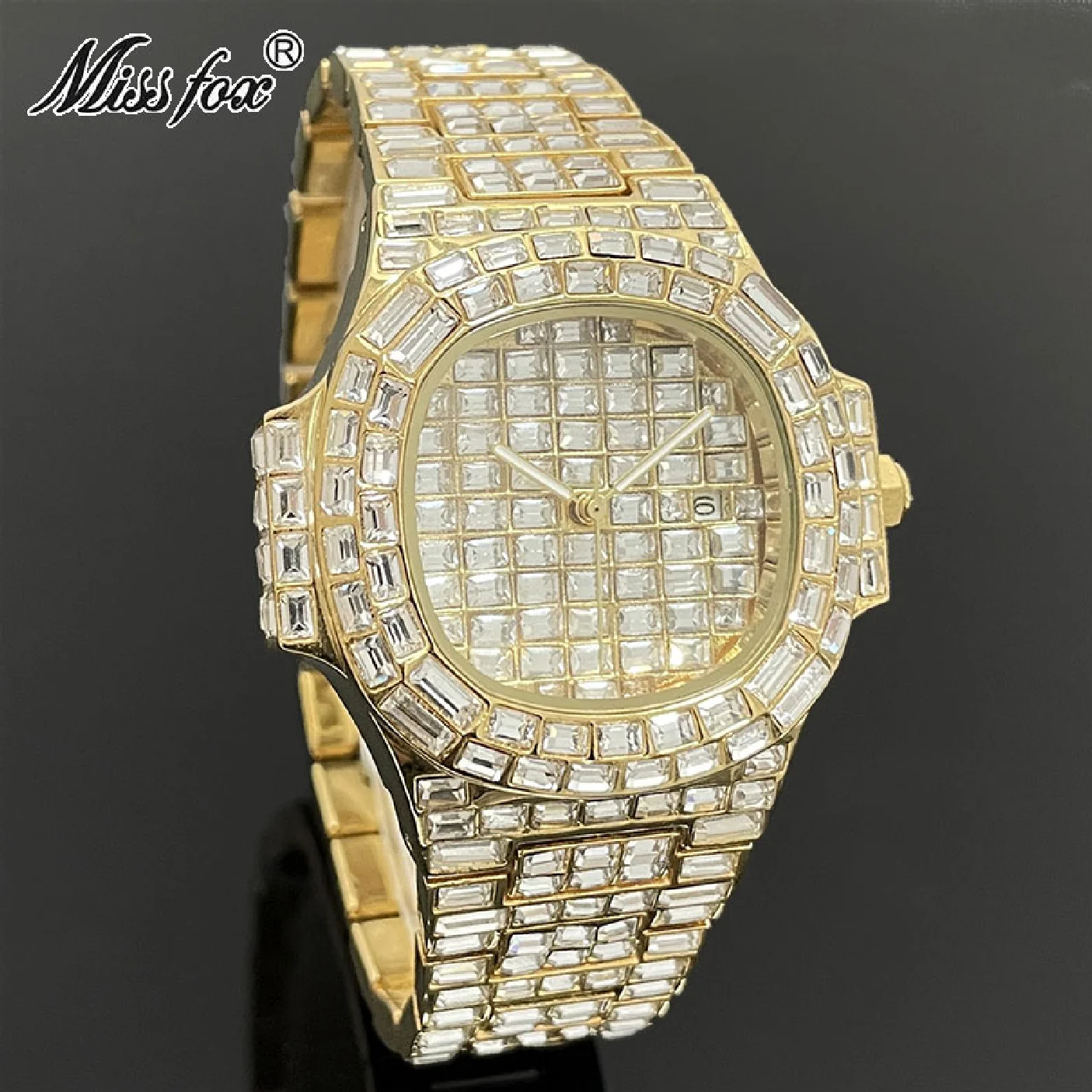 

New Gold Mens Fashion Watches Luxury Brand Iced Out Moissanite Quartz Wristwatches Full Stianless Steel Waterproof Clocks Reloj