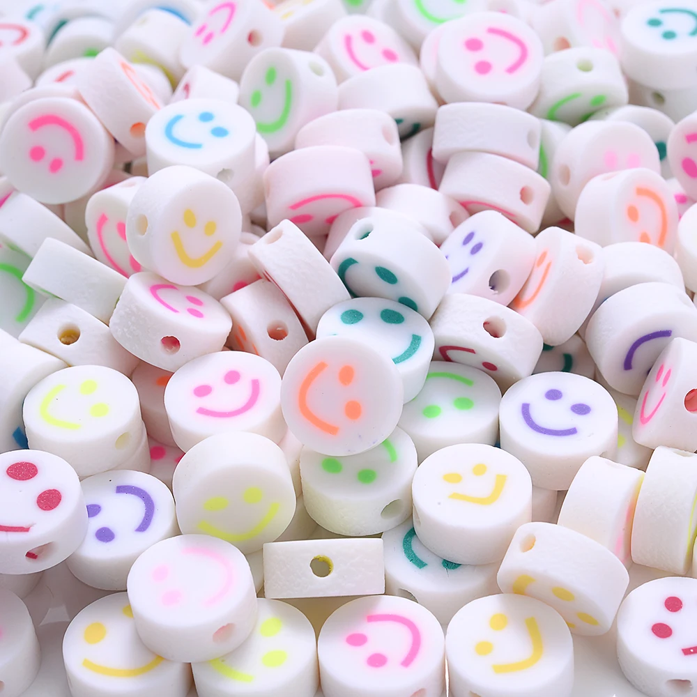 30/50/100Pcs 10mm Smiley Face Polymer Clay Beads White Loose Spacer Beads  For Making Bracelet