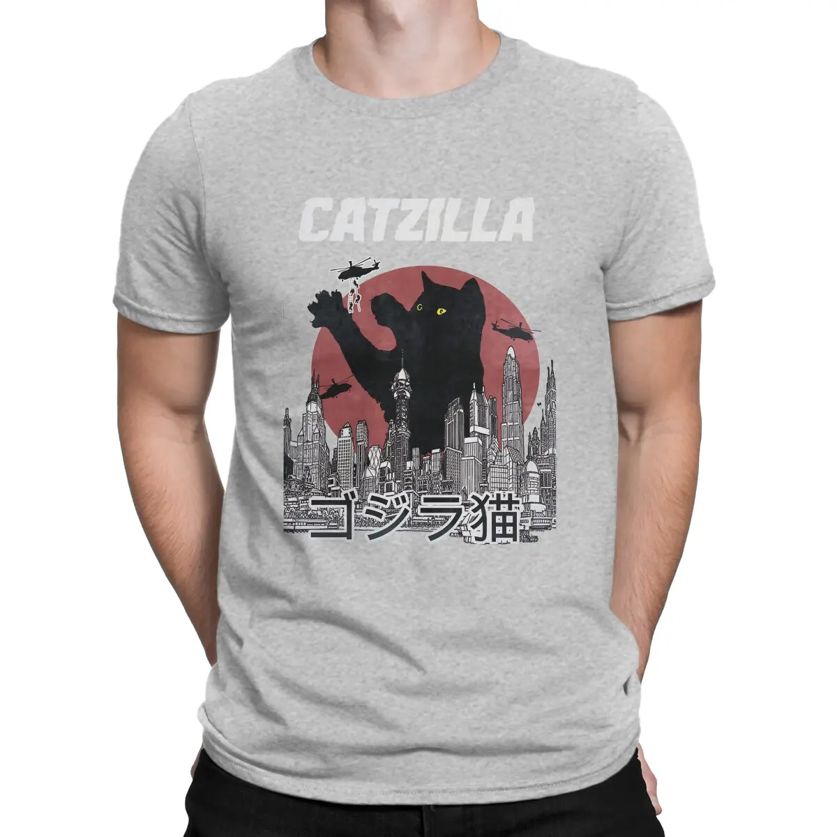 thumbnail image 1 of Camiseta Catzilla para hombre, estilo informal, de algodón, con cuello redondo y manga corta, con estampado de gato, 1 of 7