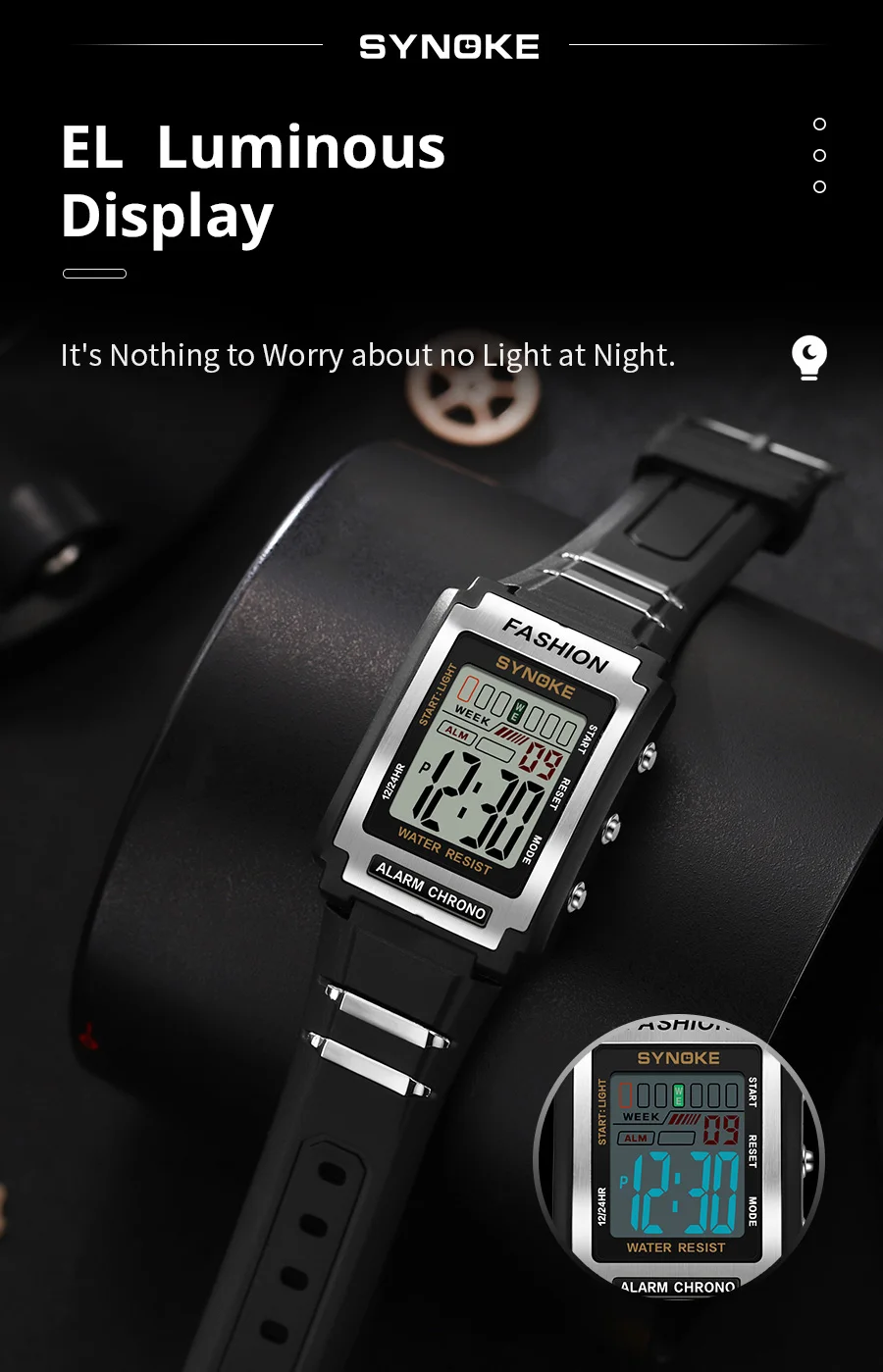 SYNOKE Men Rectangular Sports Electronic Watch Waterproof 50M Night Light Large Screen Alarm Clock Trend Retro Style