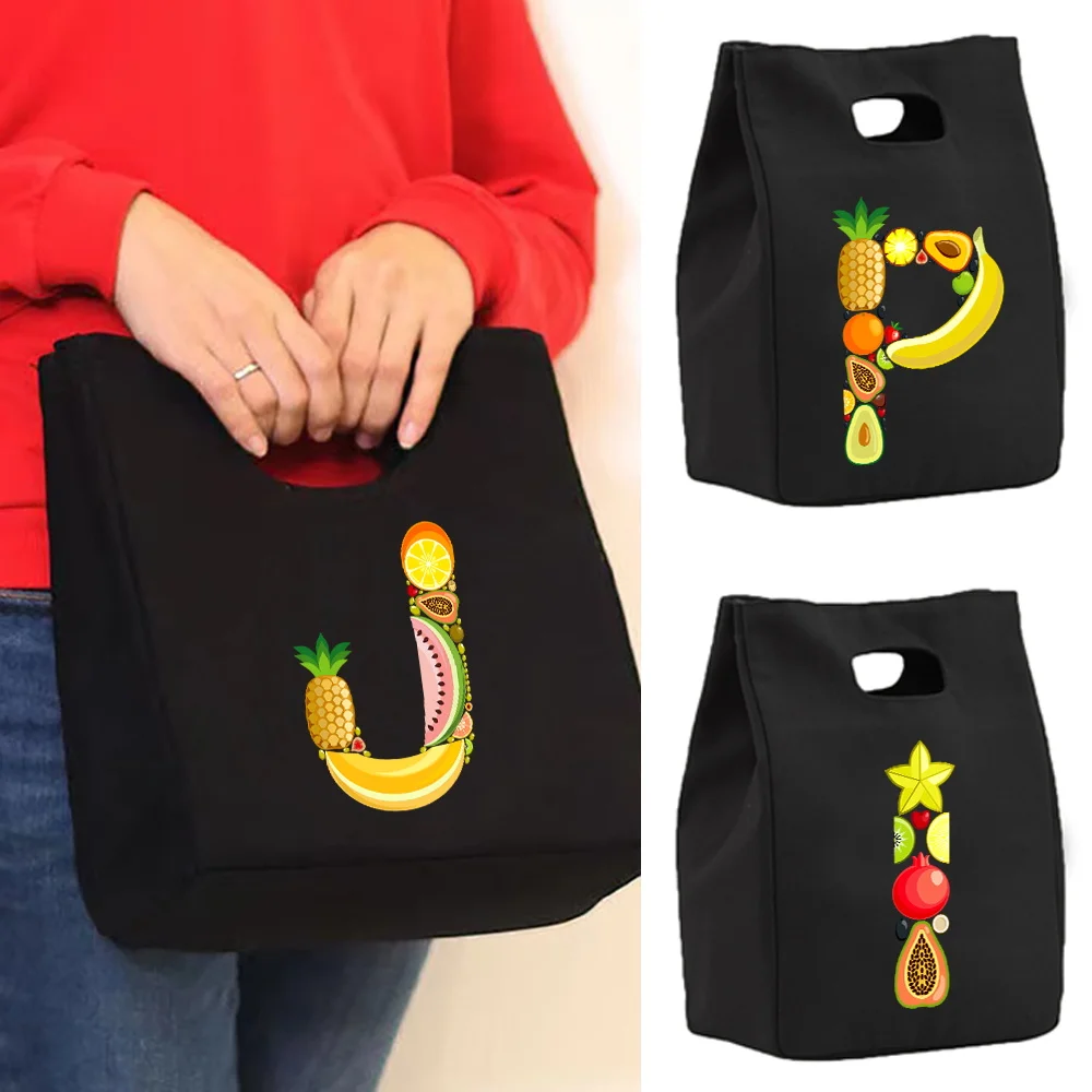 

Insulated Canvas Lunch Bag for Women's Functional Lunch Box Portable Thermal Food Picnic Bag Fruit Letter Pattern Storage Pouch