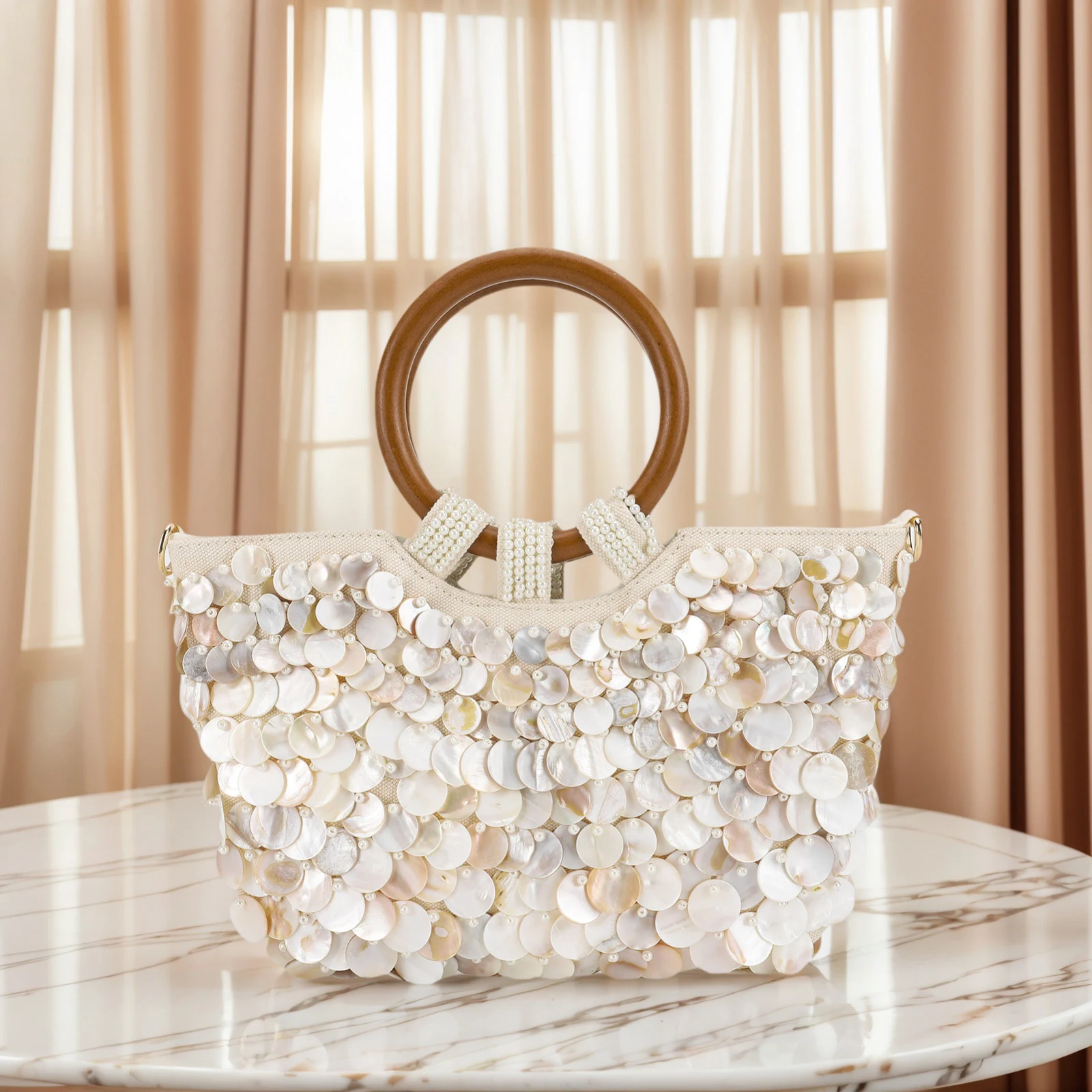 Shell Beaded Clutch Purse Wooden Handle Beach Bag Handmade Evening Handbag Luxury Designer Evening Bag for Women Summer Vacation