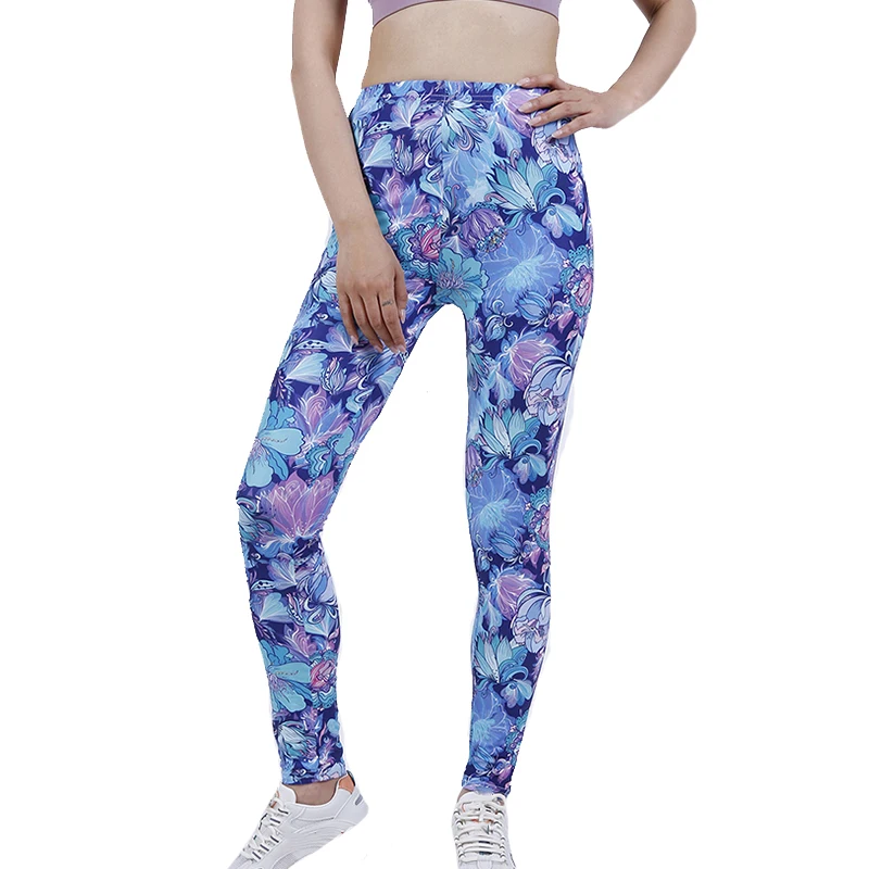 PD319 Blue Petal Flower Leggings Outdoor Sports Cropped Stretch Pants 4