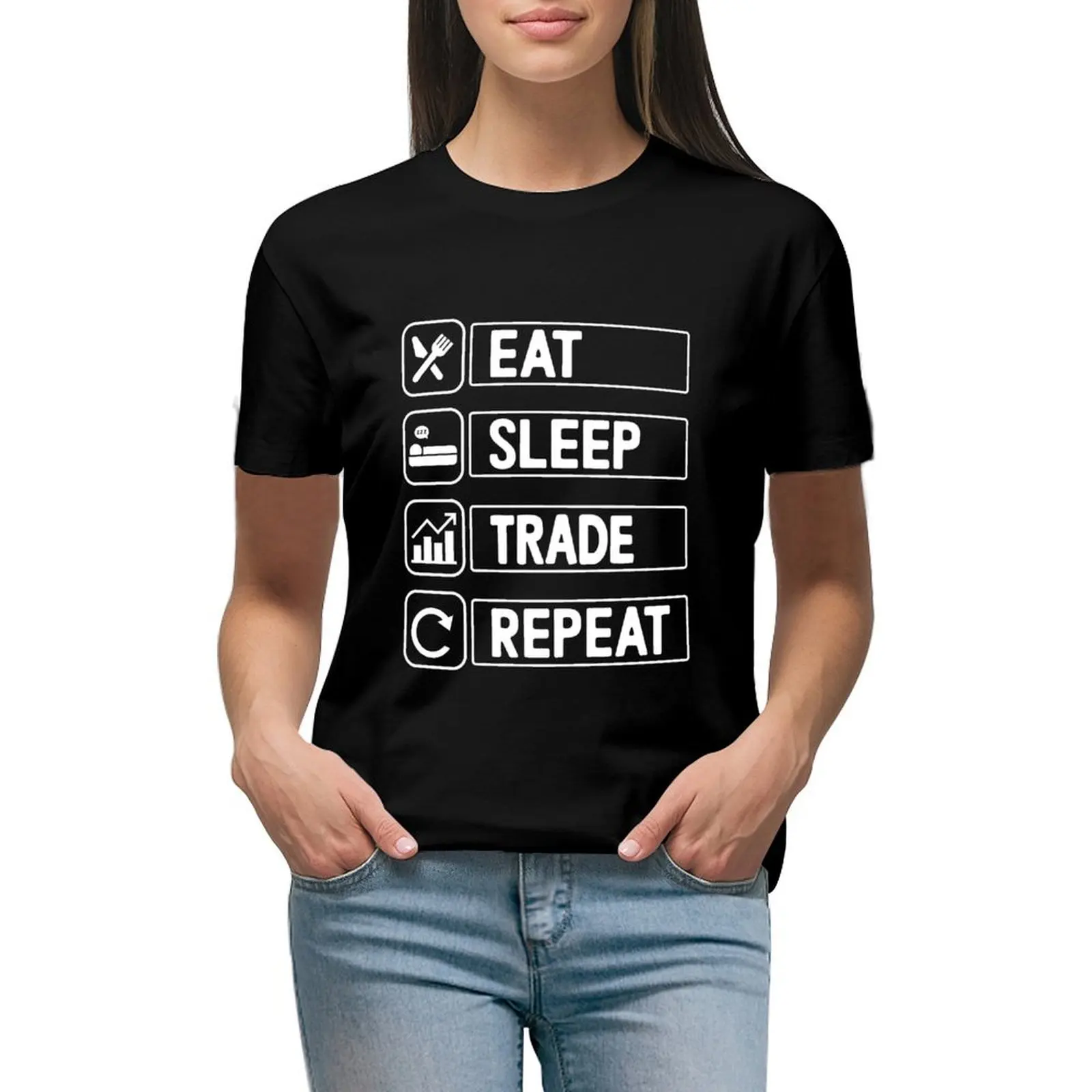 

Eat Sleep Trade Repeat Stock Market Trading Currency Trader T-shirt Short sleeve tee vintage clothes oversized tops Women
