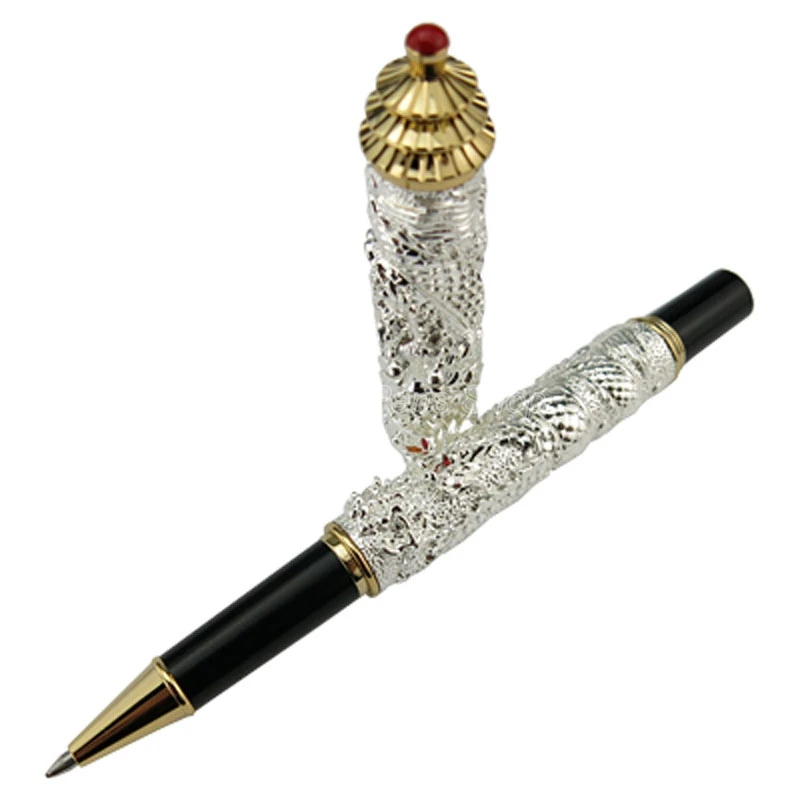 

Jinhao Silver Double Dragon Playing Pearl Embossing Metal Roller Ball Pen Tower Cap Gold Trim Profesional