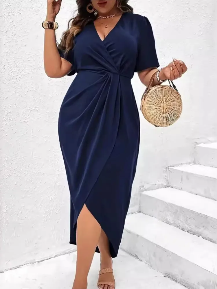 Plus Size Summer V-Neck Midi Dress Women Irregular Ruffle Pleated Fashion  Slim Waist Ladies Dresses Short Sleeve Woman Dress - AliExpress