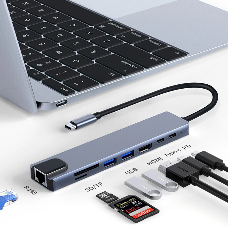 8 in 1 TYPE-C PC Tablet Phone Laptop TO HDMI RJ45 USB 2.0/3.0 SD TF Card Reader PD 100W Charger HUB Adapter Cable 3