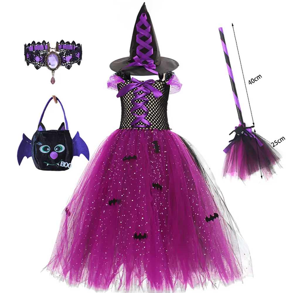 

Girls Witch Halloween Dress Kids Cosplay Bat Witch Costume Festival Carnival Party Ball Gown Children Fancy Mesh Princess Dress