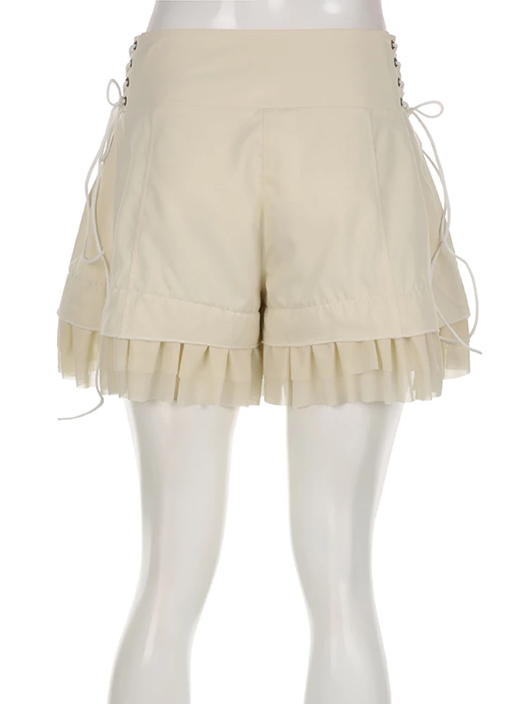 IAMSURE Vintage Sweet Bandage Ruffles Shorts Slim Solid High-Waisted Patchwork Shorts Women 2023 Summer Fashion Streetwear Lady