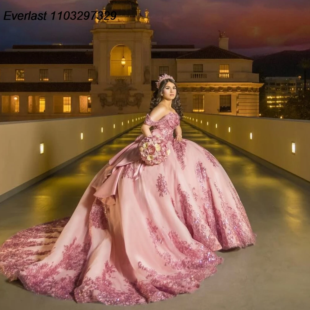 EVLAST Elegant Pink Quinceanera Dress Ball Gown Pink Sequins Lace Applique Beading Bow Corset Sweet 16 Vestido De 15 Anos TQD982
