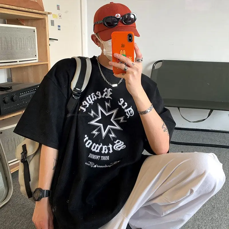 

Korean star printed suede short-sleeved T-shirt for men in summer new trend y2k oversize American retro loose versatile T-shirt