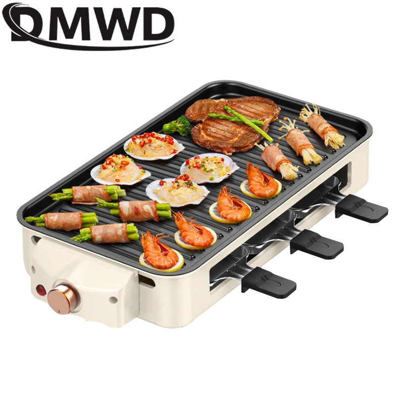 DMWD Multifunctional Electric Grill Smokeless BBQ Kebab Machine Non-stick Teppanyaki Fried Steak Frying Pan Hand Disk 220V