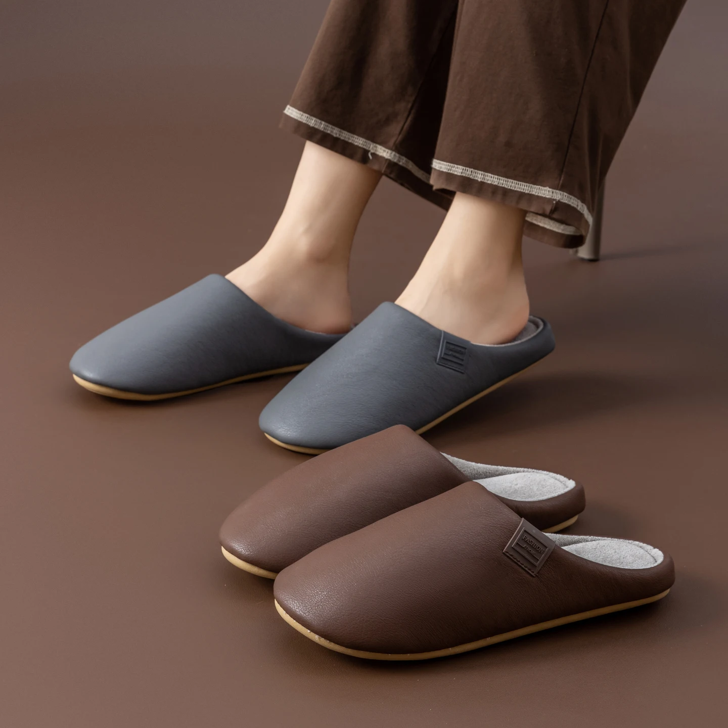 شباشب شتوية للرجال مبطنة بالصوف، جلد PU مقاوم للما...