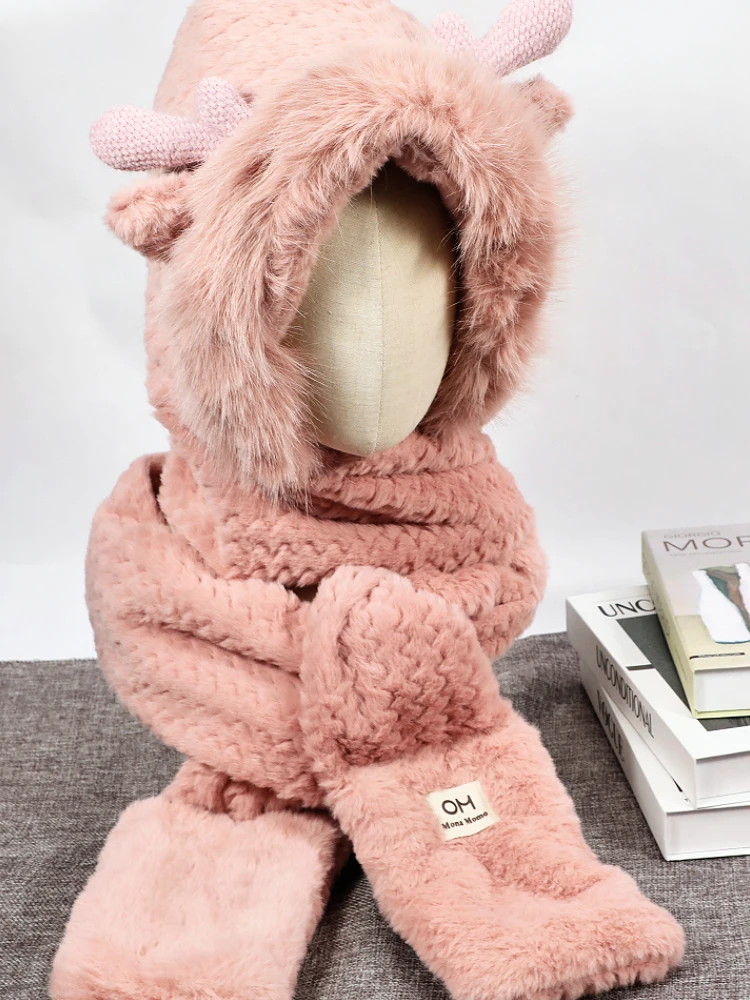 1Pc Cute Bear Ear Hat Scarf Gloves 3-in-1 Winter Warm Hedging Cap Women Windproof Plush Hat Scarf 5
